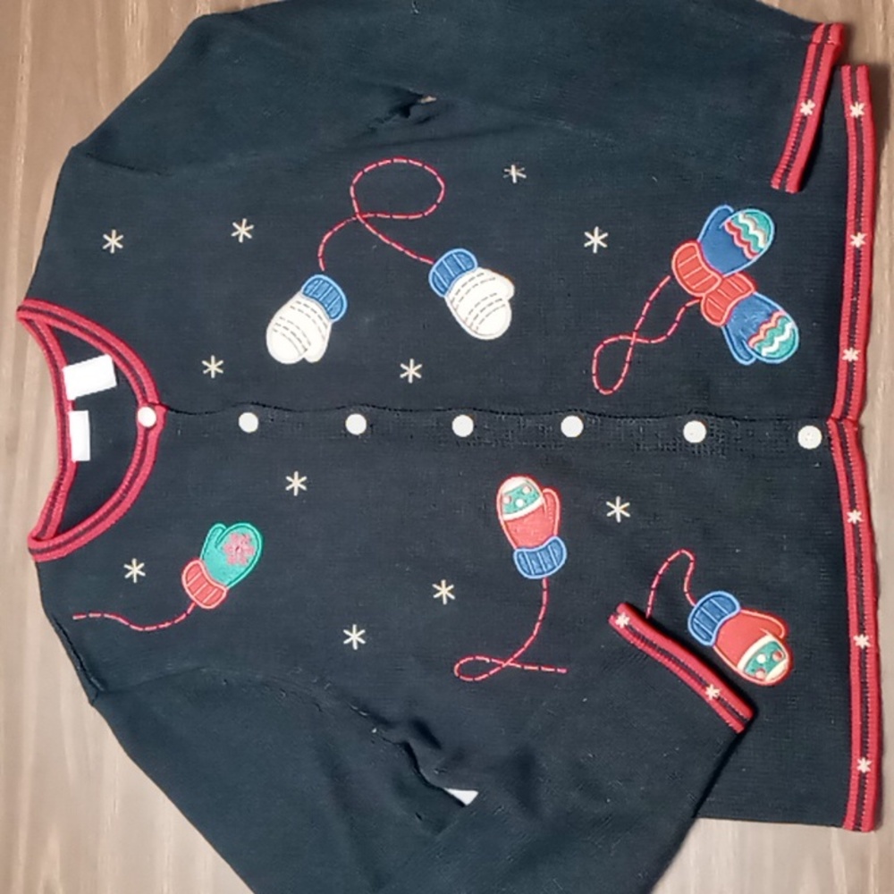 Fieldgear Black Full Button Sweater w Mitten Embellishments XL